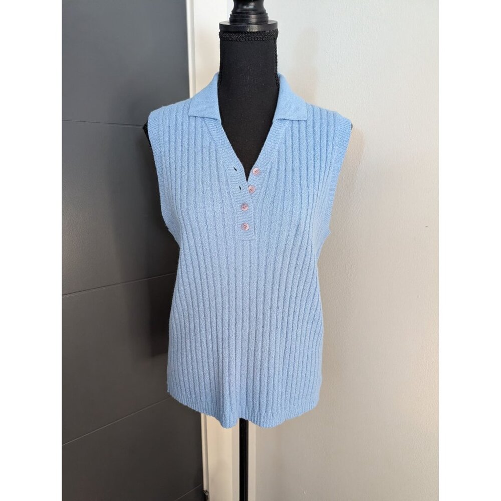 Vintage White‎ Stag Light Blue Sleeveless Collared Ribbed Sweater - L